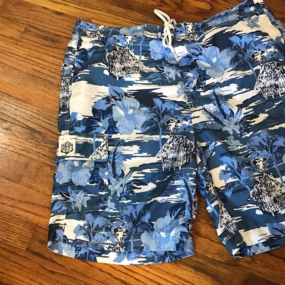Chaps Swim Trunks Swimming Shorts Flower Floral Beach Large Velcro Tie Pockets